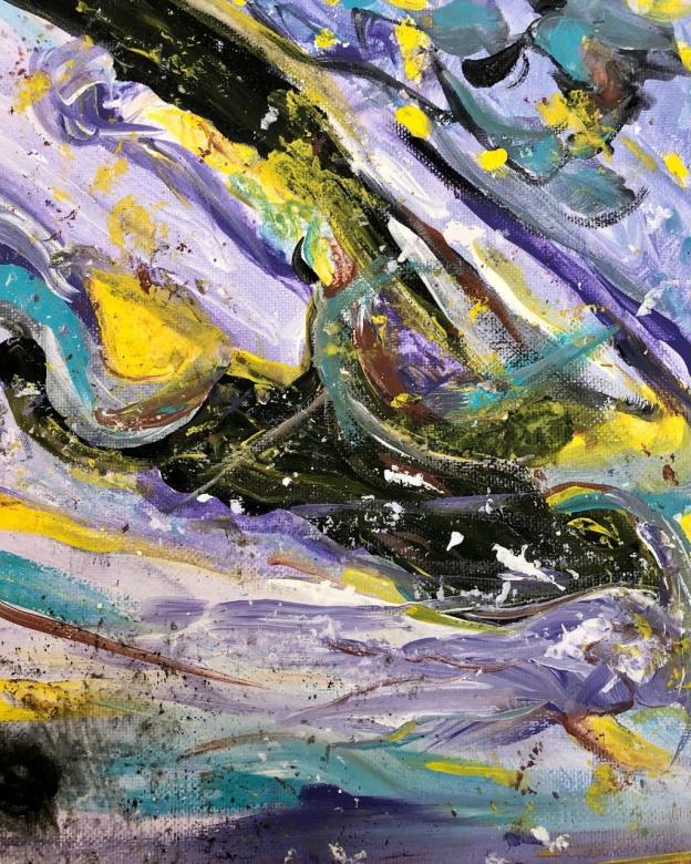 Abstract painting featuring diagonal streaks of black, yellow, purple, brown, and teal blended across the canvas with splatters of white, yellow, and black paint.