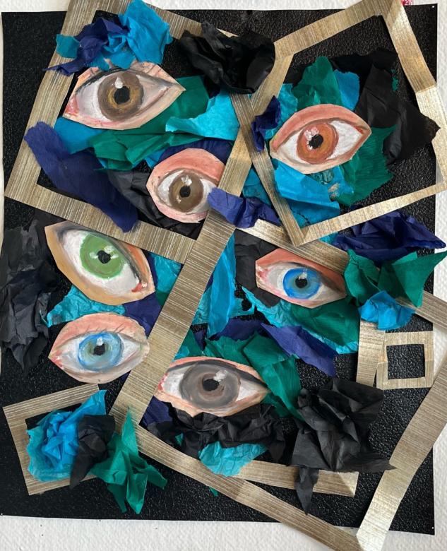 Oil pastel drawings of singular eyes positioned on blue toned and black tissue paper within beige squares on a black background.
