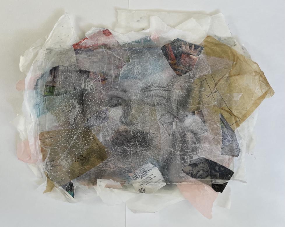 A black and white collaged image of a face with some features outlined in black is obscured by various layers of translucent tissue and materials that create a frayed frame around the face.