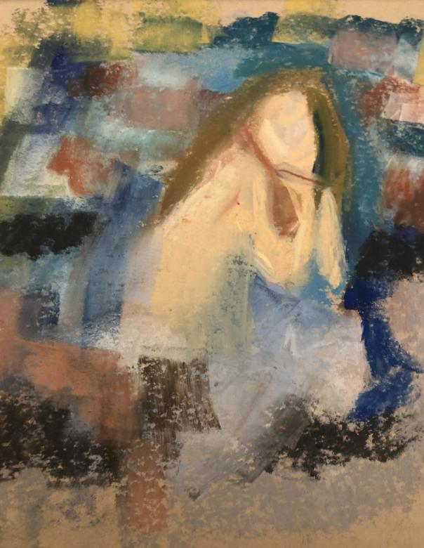 An abstracted figure sitting facing the viewer with no facial features. The figure has long brown hair. Splotches of deep blue, light blue, black, white and maroon color are behind the figure with the pale brown of the paper coming through. 