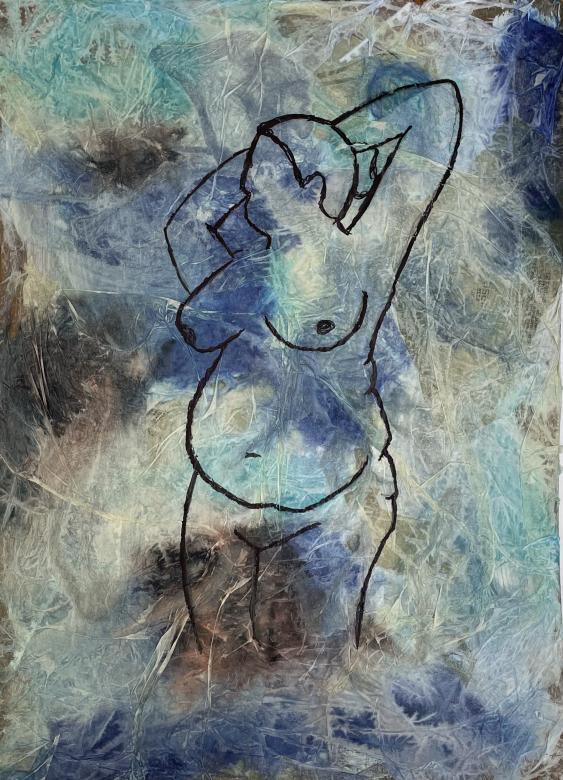 A blue, green, brown, and yellow tissue collaged background creates a tie-dye like effect with a black outline of a naked figure drawn on top. The faceless figure is facing left with its arms raised behind its head with its breasts and stomach bare. The figure cuts off mid leg. 