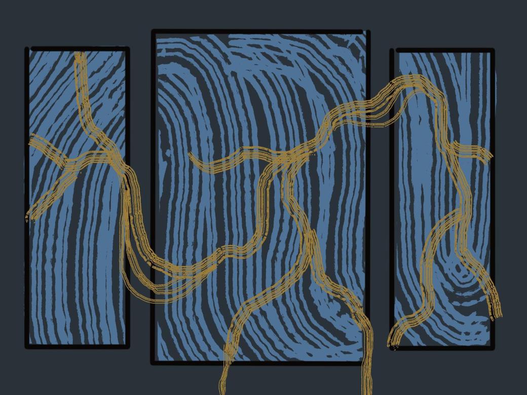 A digital drawing of three rectangles on a deep blue background. Each rectangle is outlined in black with light blue & dark blue swirling lines inside. Deep yellow layered lines form curves across and through all three rectangles.  