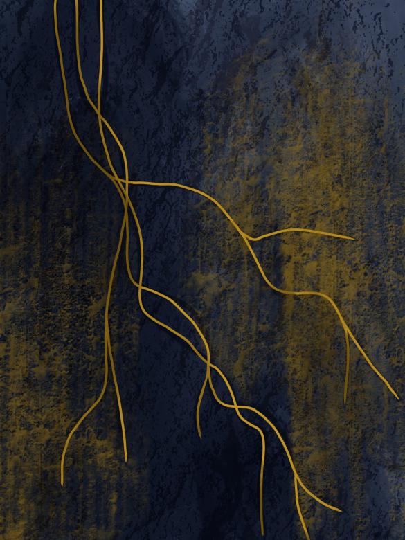 A digital drawing of deep navy blue and gold charcoal like markings making a solid background. On top is a series of connected golden lines reaching for the bottom of the piece resembling lightning.