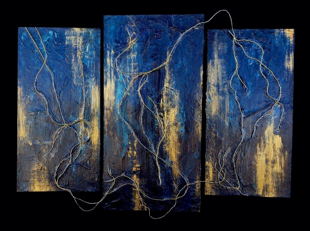 Three rectangular mixed media paintings form a triptych with the largest rectangle in the center. The paintings are deep navy blue, royal blue, and gold on a textured abstract surface, Golden thread creates a textured vein like appearance spreading across the three rectangles.