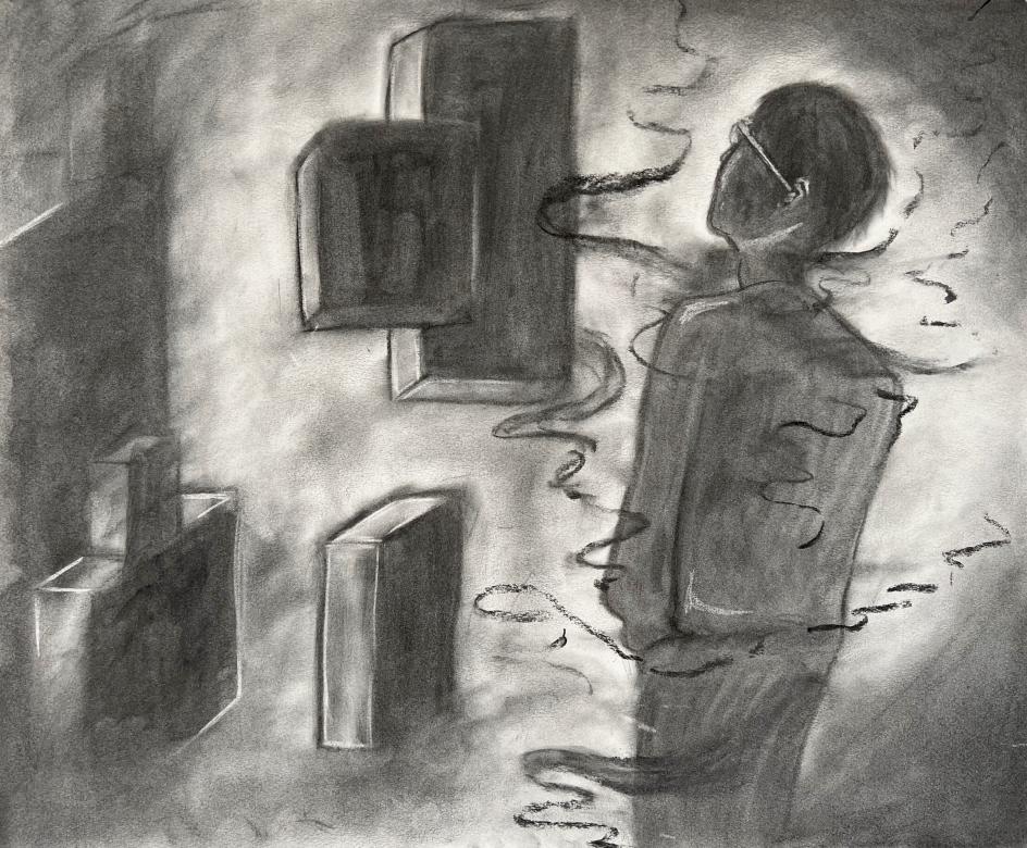 Charcoal drawing of a grey figure facing away wearing glasses in the lower righthand corner. Smoke like breeze surrounds the figure. The figure is facing various three dimensional floating rectangles and squares. 