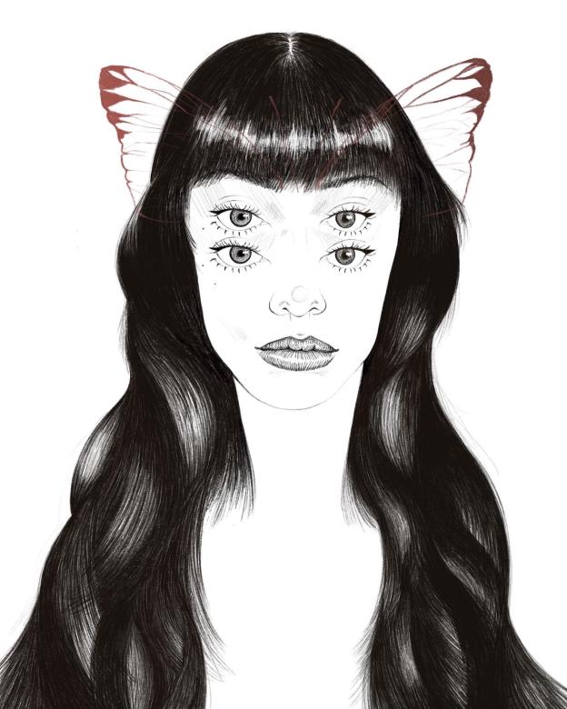 Black and white digital drawing of a figure from the shoulders up facing the viewer. The figure has long black hair with bangs, four eyes, a small circle on the nose, and lastly rust colored butterfly wings overlap with the bangs appearing above the eyes.