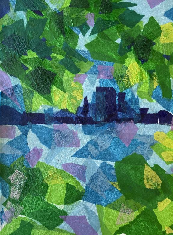 Collage depicting the skyline of Boston skyscrapers using green, blue, and purple shades of ripped tissue paper. Green tissue paper frames the skyline creating a border.