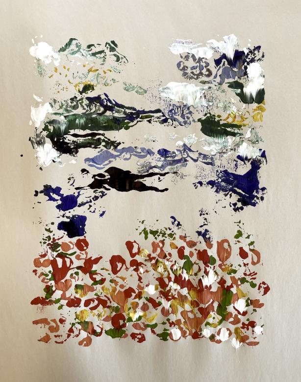 Acrylic paint on off white paper. The paint creates textured areas of color leaving open areas of negative space, the effect resembles an abstract landscape.