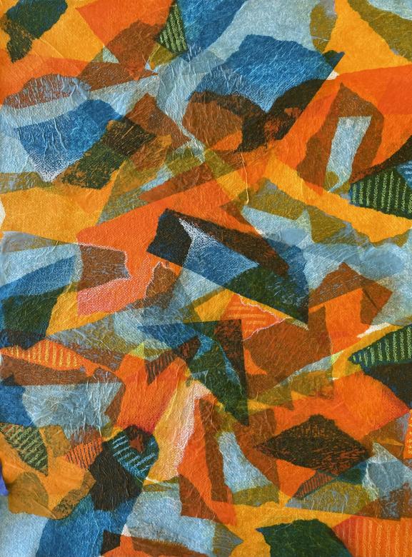 Abstract tissue paper collage of ripped geometrical shapes in varying shades of orange and blue layered and overlapping.