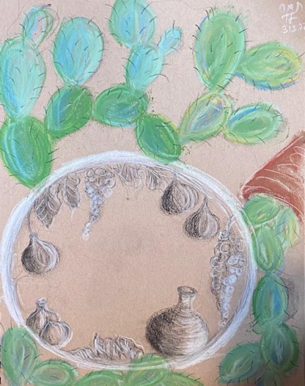 Pastel drawing of green cactus plants on brown paper. In the center is a white circle containing black and white drawings of grape plants and garlic bulbs.