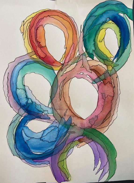 Watercolor painting of multiple rainbow loops of color on a white background. Each loop contains thin black outlines of areas of watercolor/