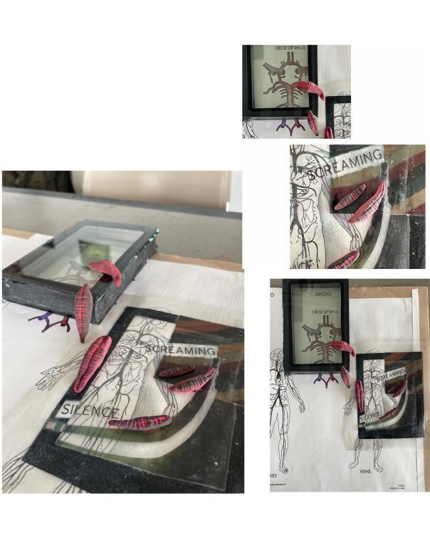 A multi-view photograph of a mixed media collage containing anatomical diagrams of a human figure, black paper, and small red and black clay additions. These overlap and feature the words "Screaming" and "Silence" in black.
