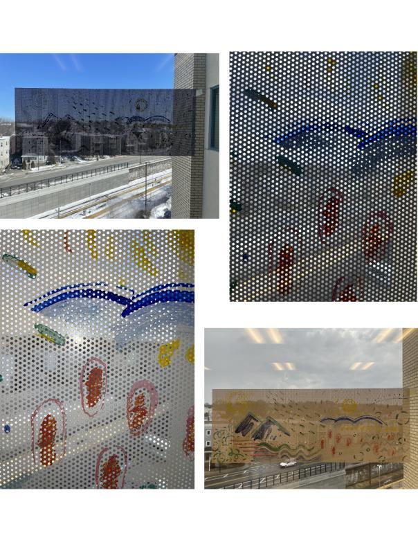 Collaged photograph showing a piece of perforated translucent metal painted with bright colors displayed in a window overlooking cars on the street.