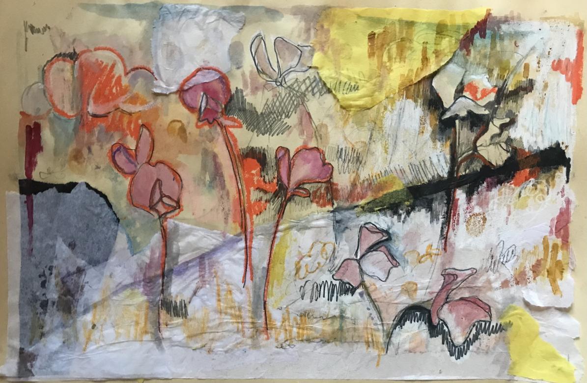 Neutral colored abstract landscape utilizing textured drawing and ripped paper to show flowers on a horizon with clouds in the background. Colors include yellow, orange, red, white, and black.