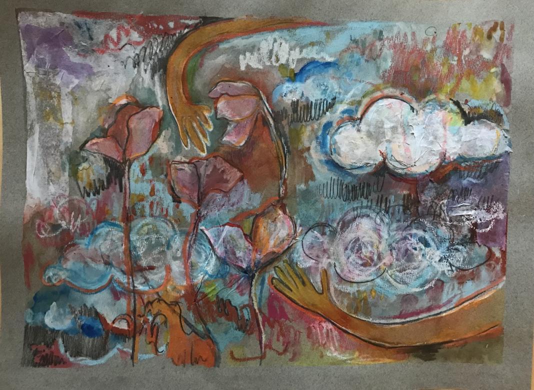 Abstract drawing of medium toned brown hands reaching for maroon flowers against a sky of clouds. The sky contains various marks, scribbles, and textures in a variety of colors against a light blue.