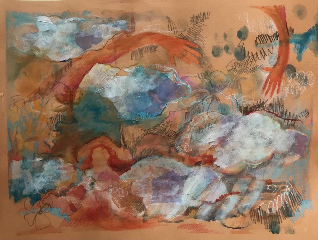 An abstract drawing of blue, red, orange, and purple colors forming a sky full of texture and drawing marks. Orange toned arms reach out for cloudy and flower like shapes on a pale orange background.