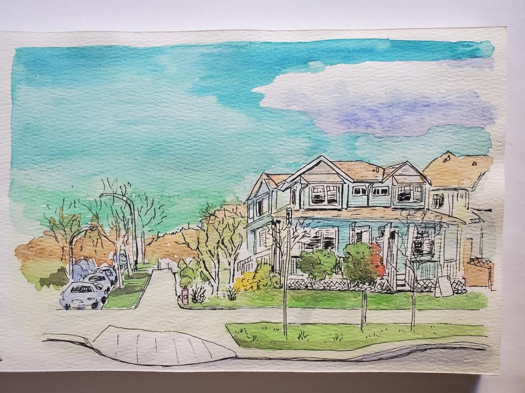 Watercolor painting of a house on a suburb-looking street with cars parked on the road