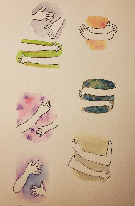 Seven mini drawings of arms with hands on a piece of paper