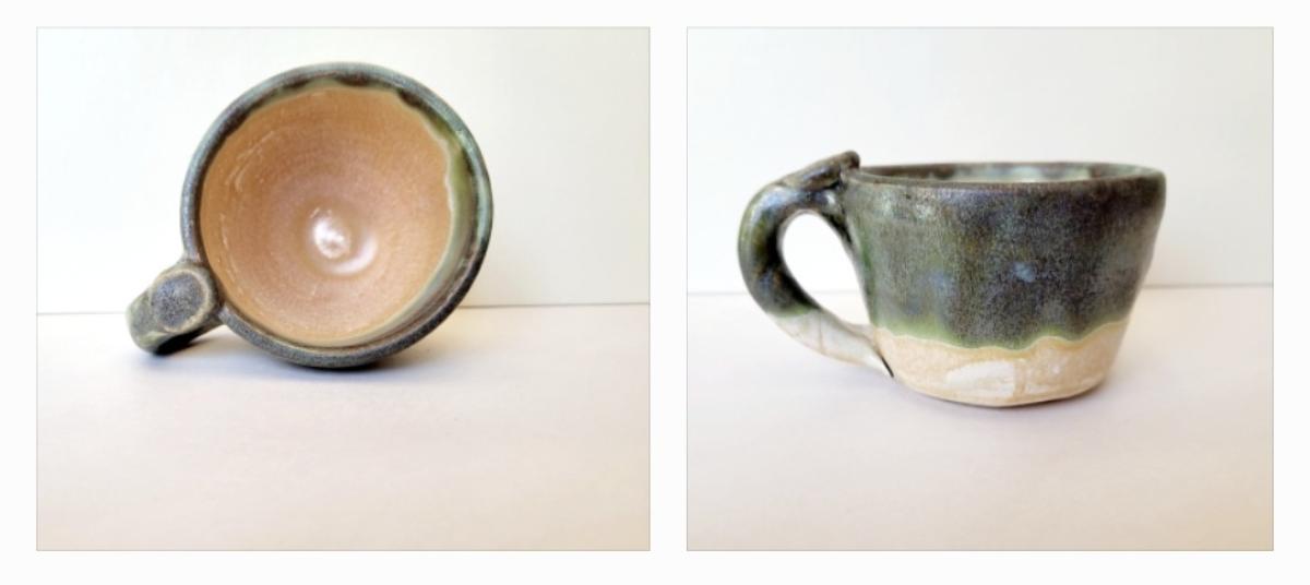 two different views of a clay bowl with white and gray paint