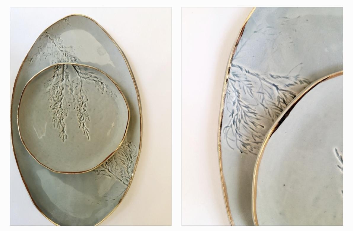 two photos of grayish white clay plates with gold lining