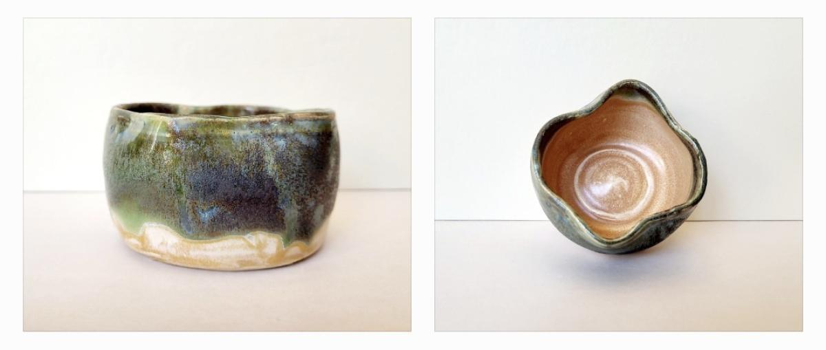 to different views of a clay bowl with dark paint