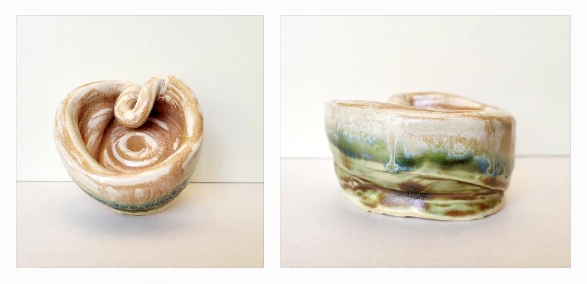 two different views of a clay bowl with white and green paint