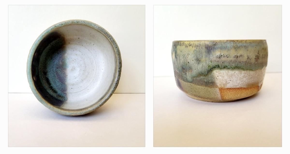 two different views of a green, black and white clay bowl
