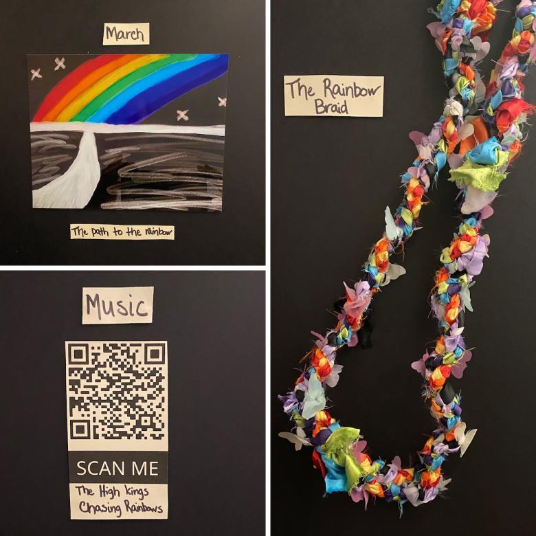 three images over black background with drawing of a rainbow and a road that reads "March - The path to the rainbow," a QR code that says "Music - SCAN ME - The High Kings - Chasing Rainbows," and colorful braided material with the text, "The Rainbow Braid"