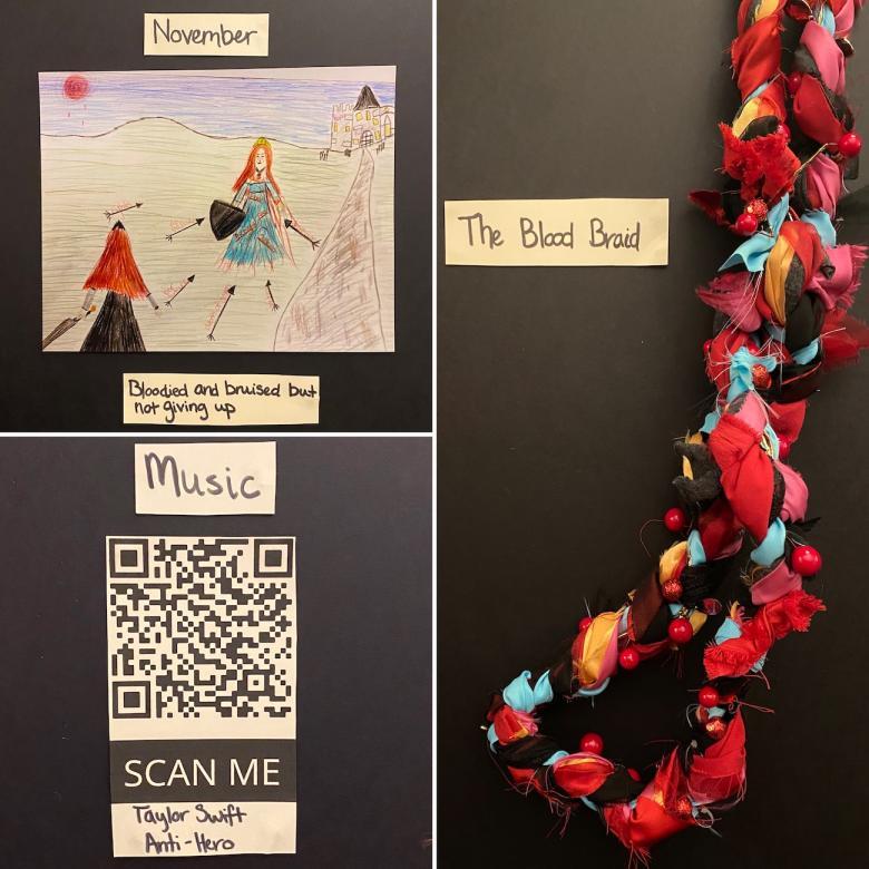 Drawing of medieval woman holding shield with arrows flying at her, QR code for Anti-Hero by Taylor Swift, and colorful braided material with text "The Blood Braid"