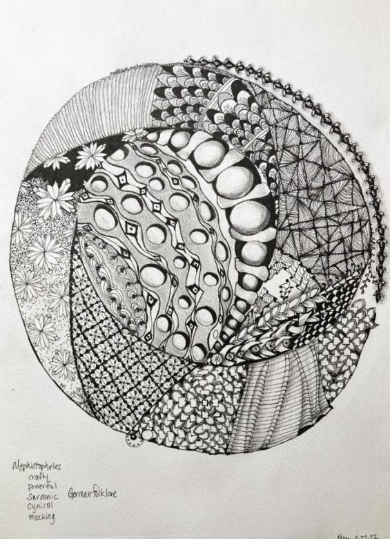 Black and white drawing of a circle with patterns in it. Words in the bottom left corner of the page: Mephistopheles, crafty, powerful, sardonic, cynical, mocking, German folklore