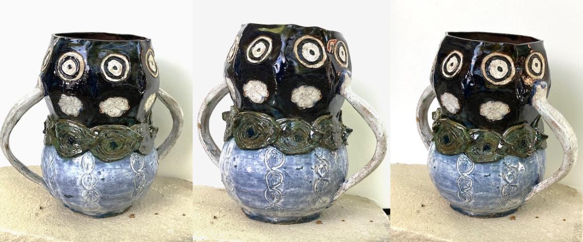 Three different angles of a blue, green, black and white jar made from clay and fired with glaze
