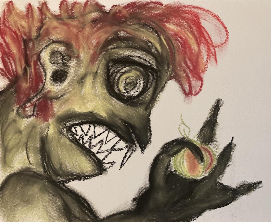 Drawing of a monster holding something round