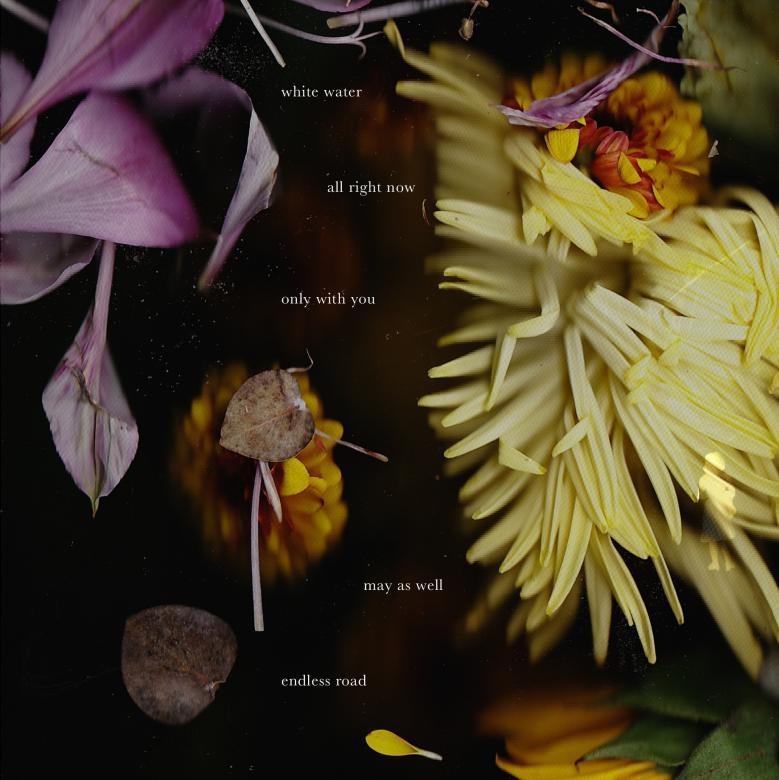 mock record label with dead flowers on a black backround