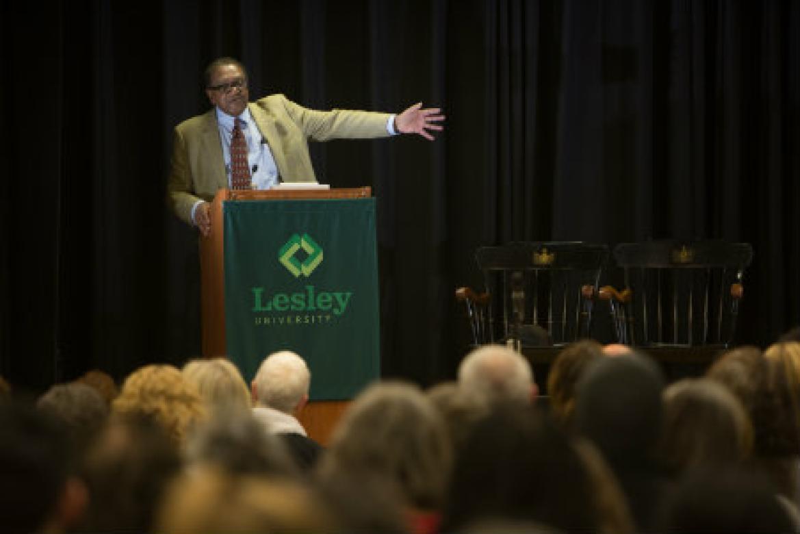 Black Panthers founder Bobby Seale speaks at Lesley.