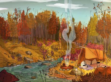 digital illustration of campsite in woods
