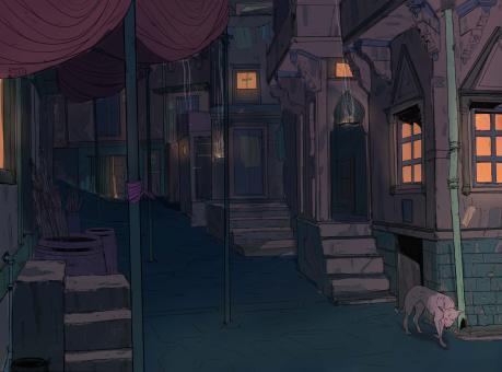 digital illustration of back alleyway at night