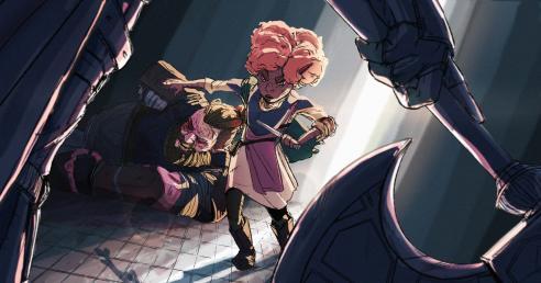 digital illustration of fight scence between orc and guard