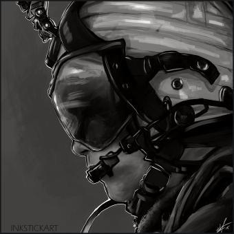 Black and white digital painting of a crew chief while on deployment with the 15th Marine Expeditionary Unit.