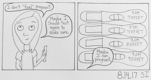 Sketch where Sheila questions if she is really pregnant and images of pregnancy tests taken every few hours.