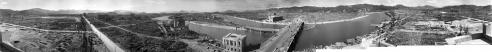 A panorama black and white view of the city of Hiroshima in 1945. 