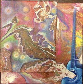 Abstract painting of pink, green, blue, yellow, and purple swirls. In the painting's corner sits a blue guitar with a mouth. White froth spills out of its mouth.