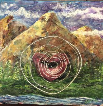 Painting with a wrinkly texture of mountains, trees, and a river. A big red mouth is in the middle of the center mountain. A swirl spirals out of the mouth.