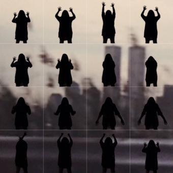 Four by four grid of silhouettes reaching their arms up and/or out in different poses. The background of the grid is a blurry image of the twin towers and the New York City skyline.