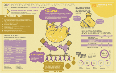 A yellow and purple infographic titled 2020 Analysis. Independent Expenditure in Senate Races. A Presentation for the Leadership Now Project. The center features a cartoon pig being help up by the states of California and New York.