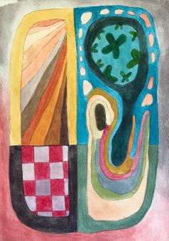 A watercolor painting of a rounded rectangle featured vertically with four distinct sections. In the top left is neutral colored diagonal stripes. The top right features teal blue, navy blue, green,  and neutral toned organic flower shapes and curves that flow into more neutral toned curves in the bottom right. The bottom left is a bright red and muted white checkerboard pattern with a black outline. The entire rectangle is on a watercolor ombre background of grey black fading to red. 