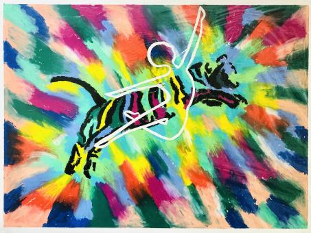 Bright short strokes of rainbow oil pastel colors radiate from the center of the horizontal drawing where a black and rainbow outline of a tiger leaps across accompanied by a white outline of a figure who is also leaping. 