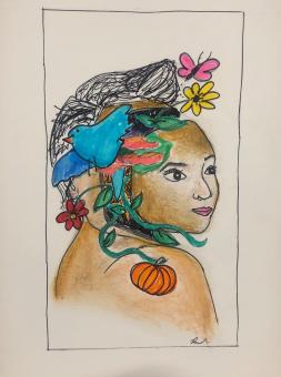 A portrait of a figure from the bust up looking over their shoulder towards the viewer. The face is splitting open with green vines and flowers growing out. Along with black hair, a blue bird is flying out from the head with a pink butterfly. A pumpkin is perched on the figures shoulder stemming from a vine in the head. 