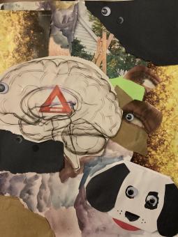 Collage of various ripped images and black paper. Prominently on the left hand side is a black and white brain with a warning sign in the center with one googley eye at the front left of the brain. Below to the right is a black and white cut paper dog with googley eyes. Two cut out eyes are to the right of the brain.