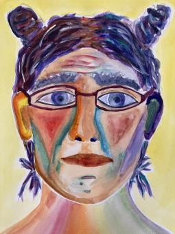 Brightly colored portrait of a woman facing the viewer from the neck up. She has red lips and glasses. Her hair has tones of grey, purple, green, and blue with two twisted buns on the top of her head. The background is yellow. 