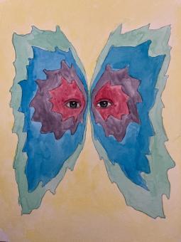 Two eyes staring at the viewer through pink, purple, and blue jagged wing like shapes on a neutral colored background. 